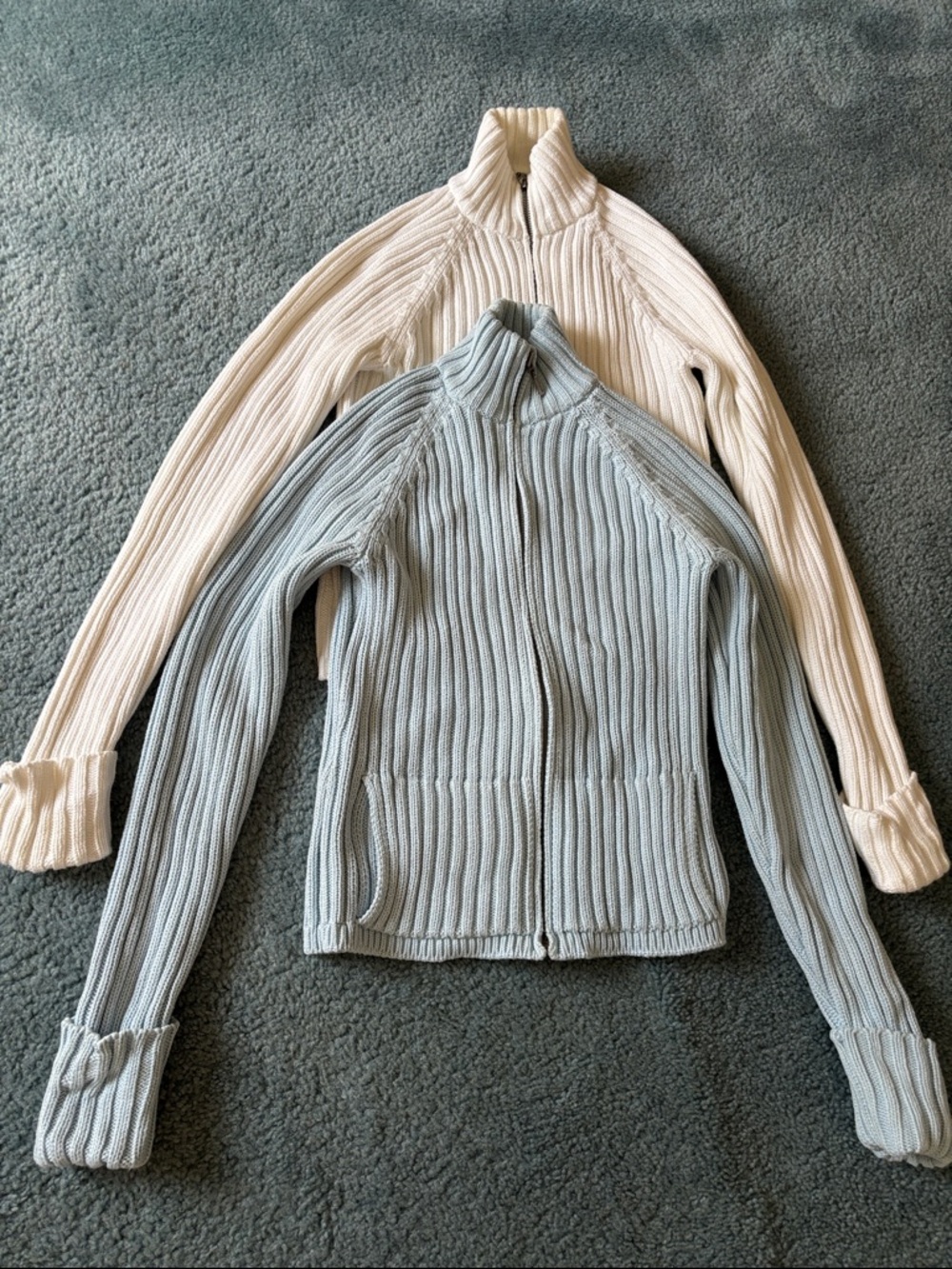 Two Ann Taylor Ribbed Zip-Up Turtleneck Sweaters - White & Light Blue. Like New!